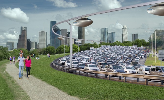 The skyTran system will soar above cars stuck in traffic.