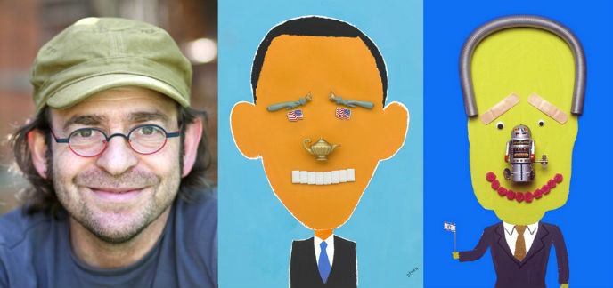 Piven with two of his works. Can you guess which leaders they are?