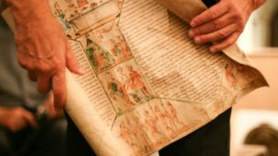 A 16th century Scroll of Esther, viewed at the home of collector Bill Gross. Photo by Alyssa Kapnik