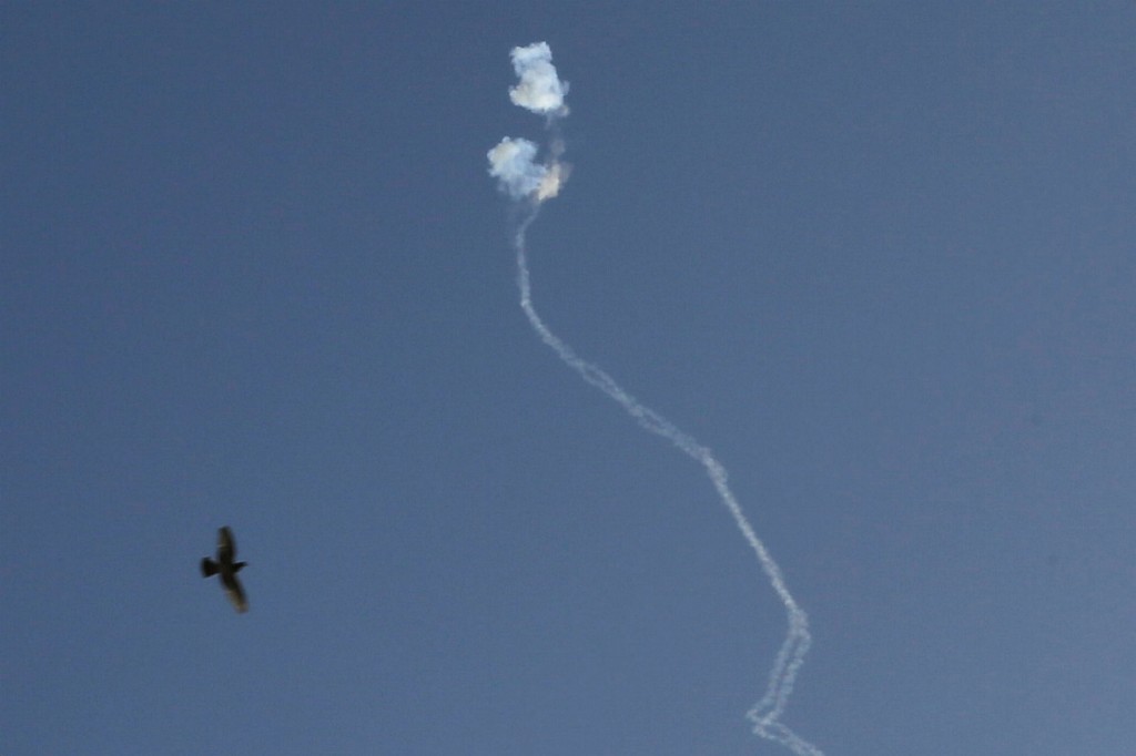 An Iron Dome defense system missile intercepts a rocket fired at Jerusalem from Gaza last Thursday. Photo by Flash90.