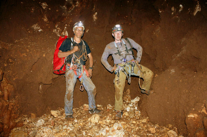  Vladimir Buslov and Yuri Lisovic from the Hebrew Universityâ€™s Cave Research Unit stand 187 meters below ground at the bottom of Israelâ€™s deepest cave. (Photo: Boaz Langford, Hebrew University Cave Research Unit)