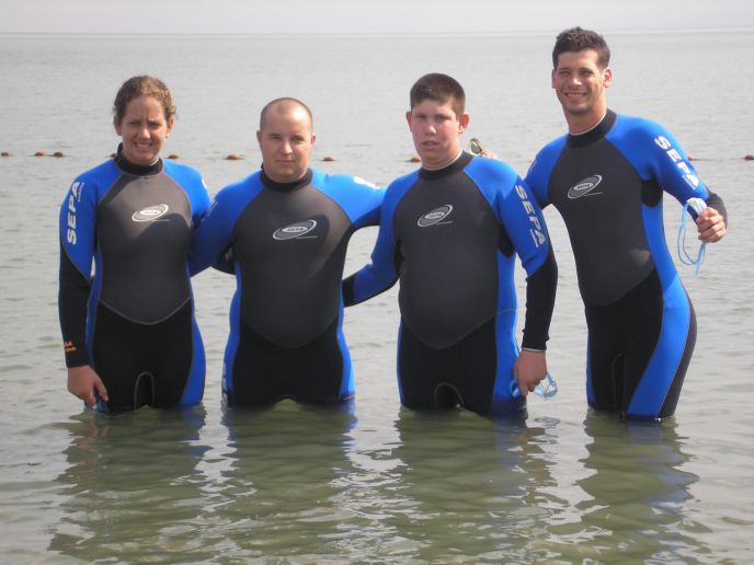  Getting ready to swim in Lake Kinneret are Special Olympians Ella Zohar, Mati Oren, Gilad Kalishov and Guy Wartikovsky. 