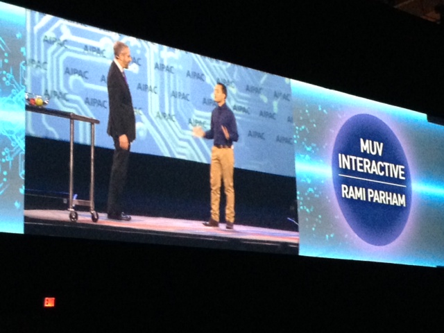 MUV Interactiveâ€™s Rami Parham, right, onstage with AIPAC Innovation Showcase host Brian Abraham. 
