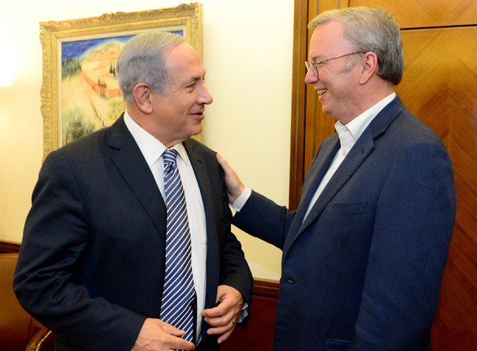 Prime Minister Benjamin Netanyahu meets with Google executive chairman Eric Schmidt in Jerusalem on June 9, 2015. (Photo by Kobi Gideon / GPO)