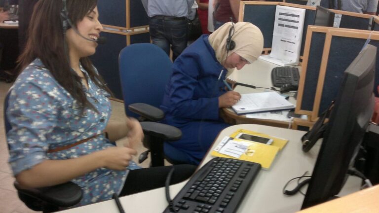 Bedouin women working in the call center inside a mosque. Photo by Abigail Klein Leichman