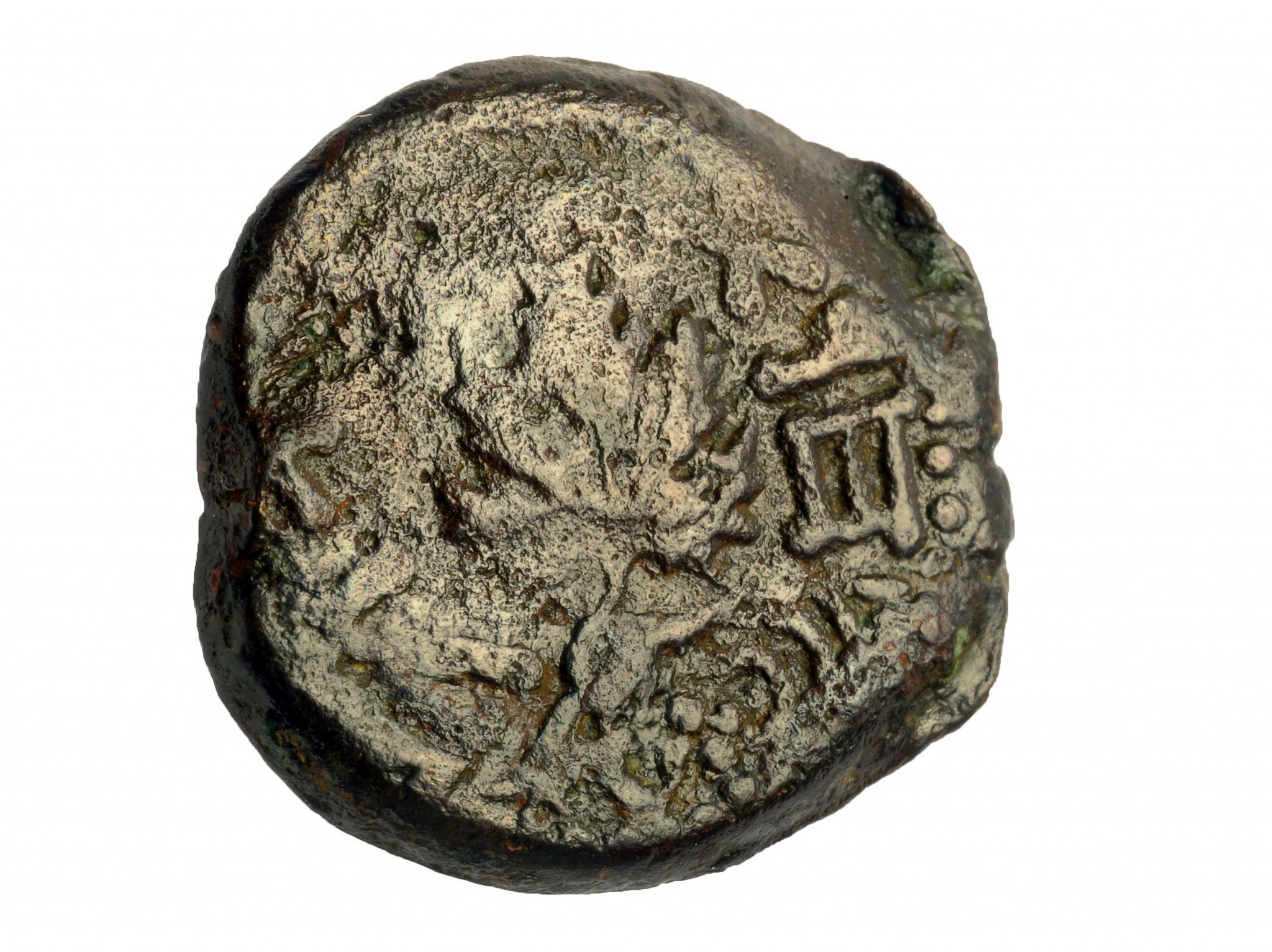 Coin from the period of the Great Revolt against the Romans, discovered in the destruction layer atop the street from the Second Temple period.  Photo: Carla Amit, courtesy of the Israel Antiquities Authority.