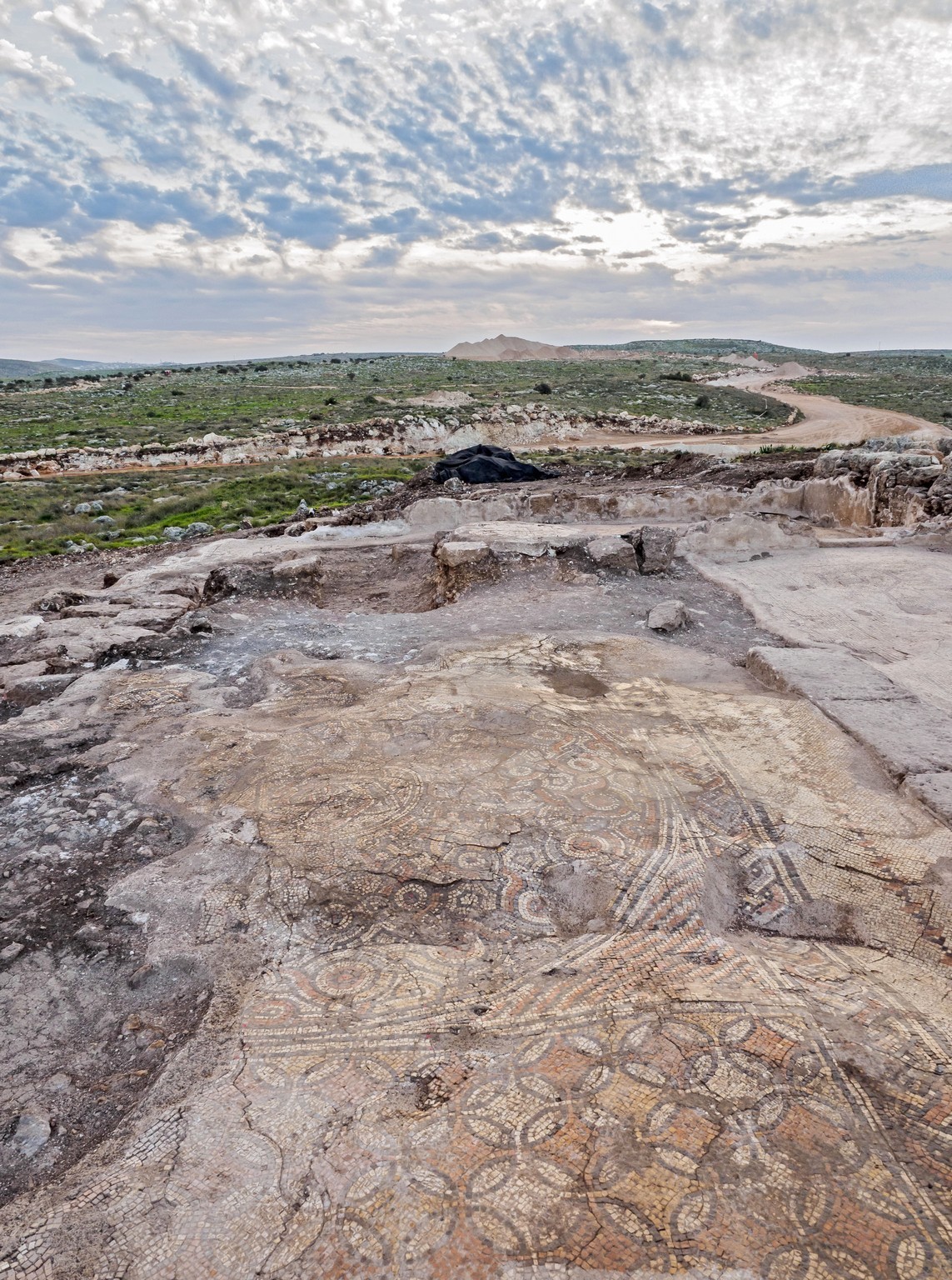 An aerial view of an ancient monastery with colorful mosaics. Photo by Assaf Peretz, Courtesy of the Israel Antiquities Authority.
