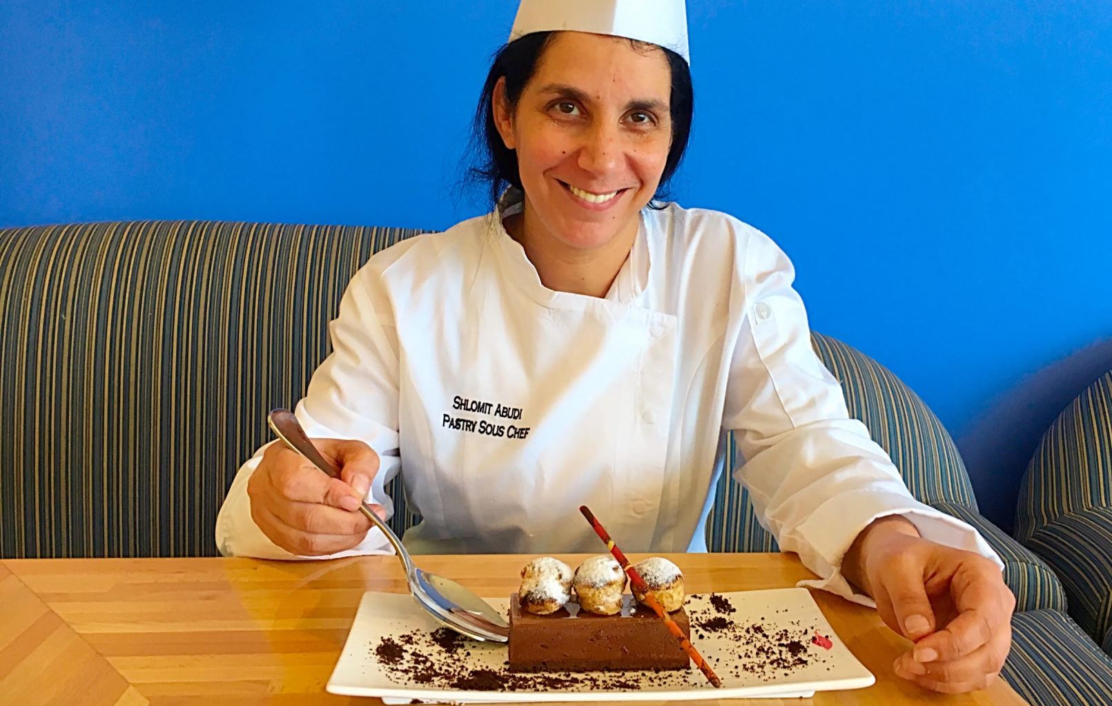 Tel Aviv Hilton pastry chef Shlomit Abudi garnished her Chocolate Marquis with creampuffs. Photo: courtesy