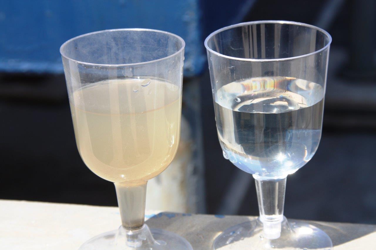 Water before (left) and after treatment in Emefcy’s system. Photo: courtesy