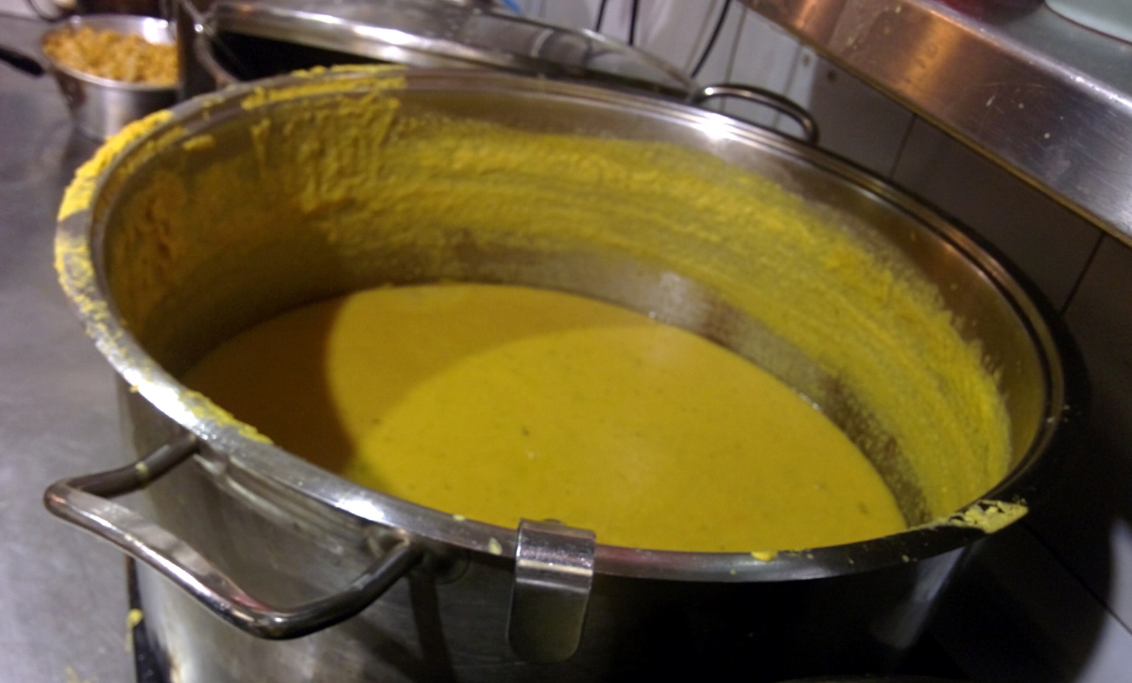 Coconut-orange lentil soup on the stove at Hamarakia in Jerusalem. Photo: courtesy