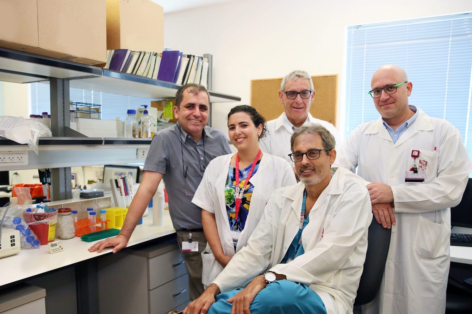 The Research Team (L-R): Top Row, Dr. Khatib, Professor Wiener, and Dr. Ginsburg; Bottom Row (L-R) Dr. Saadi and Professor Beloosesky. Photo Credit: Pioter Fliter